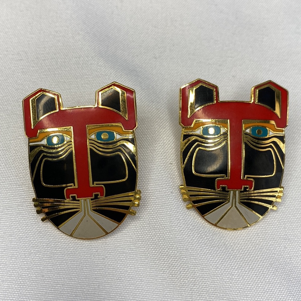 Laurel Burch Miikio Vintage Red Black Gold Enamel Cat Earrings Stud - Picture 2 of 5